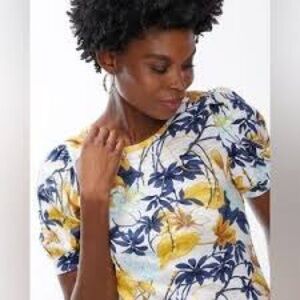 Chico’s Tropical Blue Yellow White Floral Puff Sleeve Slub Tee size XL